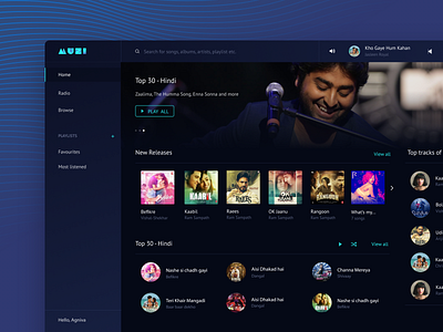 Muzi Desktop Homepage blue dark app dark website design desktop app music music player ui ui