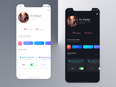 time management - planner app concept calendar categories clean dark theme event app gradient mobile app design planner profile image reminders skecth time management ui ux design