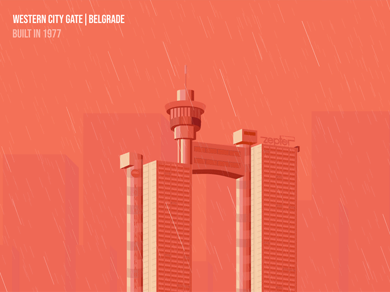 Western City Gate Animation .gif 2d after effect animation animation 2d architecture architecture design belgrade building genex illustration morning rain serbia western city gate zepter