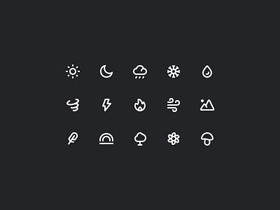 Nature & Weather Icons cloud feather fire flower hurricane icons lightning moon mountains mushroom rain rainbow snowflake sun tree water