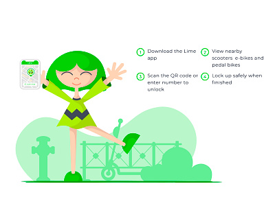 Lime character concept ecofriendly electric girl green ride share scooter
