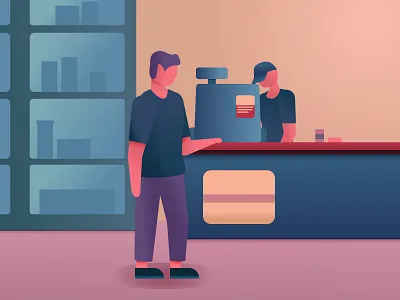 Shopping at the supermarket cashier illustration man seller shop shop windows supermarket vector