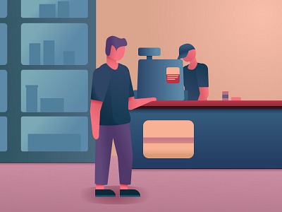Shopping at the supermarket cashier illustration man seller shop shop windows supermarket vector