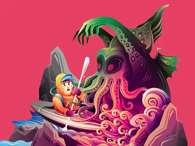 The river adventure art boat cartoon character halloween horror illustration lovecraft vector