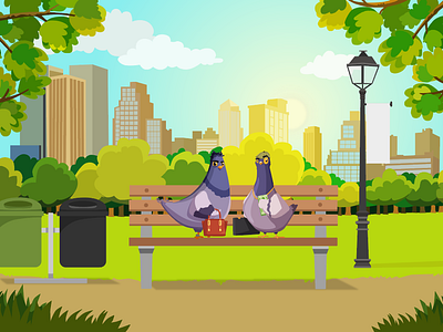 Shirley and Ken at the parl animals cartoon character design elearning illustration park pigeons