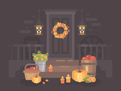 Autumn porch decoration design door fall flat harvest home illustration porch pumpkin thanksgiving vector