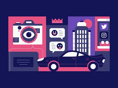 Mural building camera car crown notebook phone social media text message