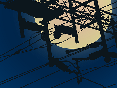 Moon over the train lines illustration
