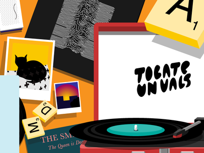 tocateunvals turntable! branding cartoon design icon illustration logo media music polaroids scrabble ui ux vector vinyls