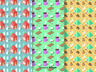 Isometric Winter Pattern Collection bear chocolate cold collection cup fire forest holiday house illustration isometric isometric illustration pattern pine snowman sweets tree vector winter woods