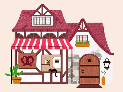 Little German Pretzel shop architecture cat flat german illustration pretzel simple wood