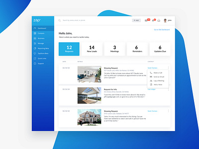 Zap CRM agent dashboard gradient home modern product real estate tech ui ux ux ui