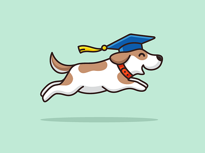 Jump! cartoon comic child children collar canine dog doggie draw drawing dynamic motion fast movement graduation hat happy smile illustrative illustration joyful laugh jump jumping k9 learning leap leaping logo identity mutt breed run running school university train training