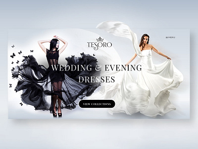 Wedding & Evening dresses banner blue branding design dress fashion illustration light logo main screen typography ui wear web white woman