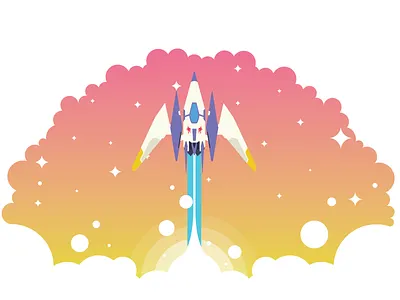 Fox McCloud R Wing Spaceship Takeoff 90s clouds colourful cute design dribbble flat fox gaming illustration mccloud n64 nintendo r wing rocket ship space spaceship stars vector
