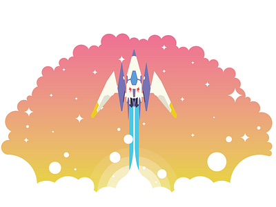 Fox McCloud R Wing Spaceship Takeoff 90s clouds colourful cute design dribbble flat fox gaming illustration mccloud n64 nintendo r wing rocket ship space spaceship stars vector