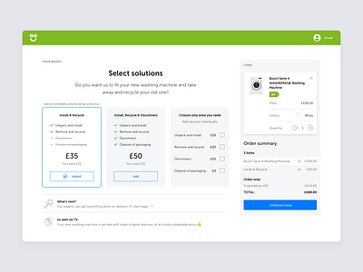 AO Basket – Services Selection Interaction basket basket page basketball card checkout checkout page disconnection disposal installation my basket order summary product card recycling services solutions ui ux uid uidesign ux ux design your basket