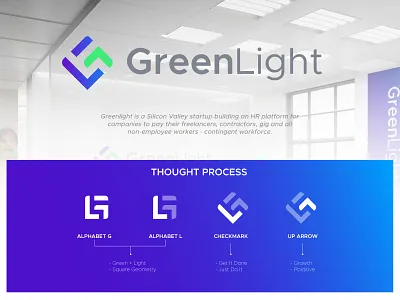 Greenlight alphabet arrow checkmark design g gradient green l line logo purple type typography vector