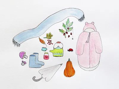The little joys of autumn acorn autumn autumn leaves autumn mood boots coat colors drawing hand drawing illustration jam ladybug mushrooms painting pumpkin scarf tea teapot umbrella watercolor