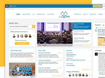 The Hive UI/UX Design 2016 corporate extranet flat grid hexagon hive homepage intranet logo office sharepoint tiles webdesign yellow