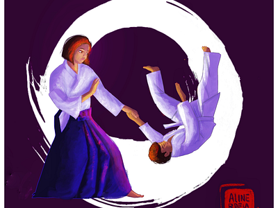 Kokyu nage aikido art calligraphy circle ensou circle hakama illustration japan kokyu nage martial arts movement nage projection tobu ukemi uke