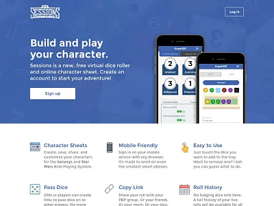 Sessions Landing Page dices landing page rpg sessions