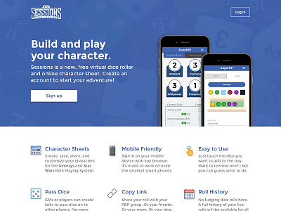 Sessions Landing Page dices landing page rpg sessions