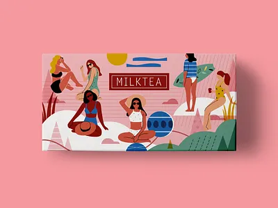Packing box beach box character design fashion illustration mockup package pink swimsuit tree woman