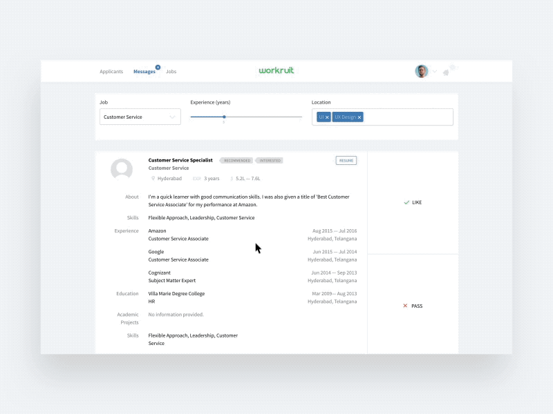 Workruit Platform: Applicants hiring interaction job platform ui ux website