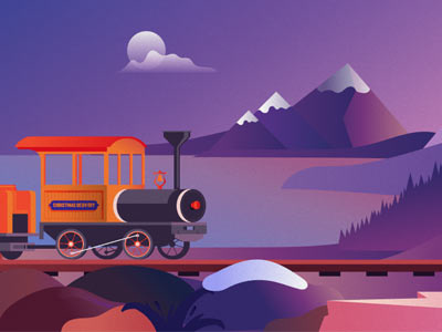 Christmas Train In Evening Colors christmas christmas train evening evening colors illustration moon mountains steam train train