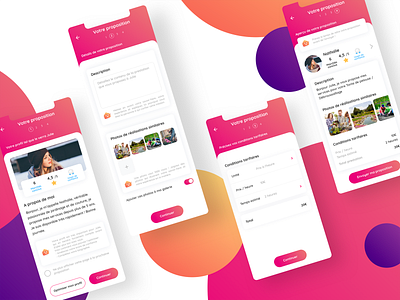 step-by-step "New offer" screens allovoisins app design form gallery profile profile card review step by step