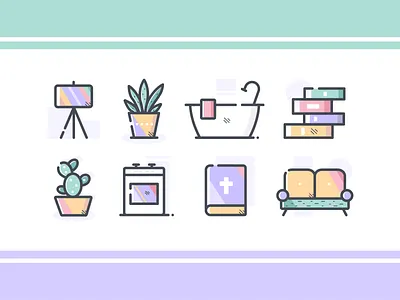 Furniture & Home books decoration design flowerpot furnitures home icons illustrations lamp