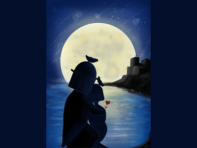 Les Amoureux En Antibes A Tribute To Peynet antibes children art cute dribbble illustration landscape love moon peynet procreate sea tribute