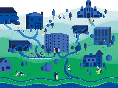 The Big (Town) Picture 2d blue boardgame buildings connections custom daily lives green illustration pathways people sidewalk yellow
