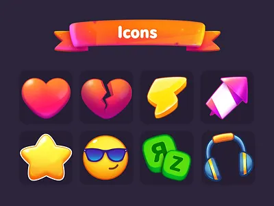 LingoLand Icons app casual design game glasses headphones heart icon illustration light match 3 match3 mobile ribbon rocket smile star tape zap