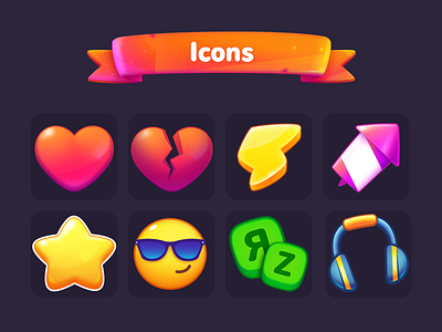 LingoLand Icons app casual design game glasses headphones heart icon illustration light match 3 match3 mobile ribbon rocket smile star tape zap