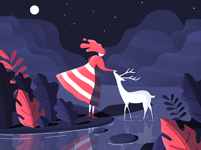 Girl and deer deer girl lake moon mountain night