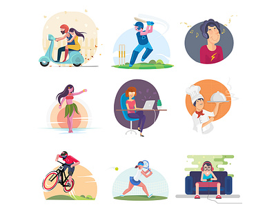 Vector Stock Pack 01 bike ride character clipart collection cook cricket design digital art drawing food gaming hawaiian illustration laptop music scooter tennis vector