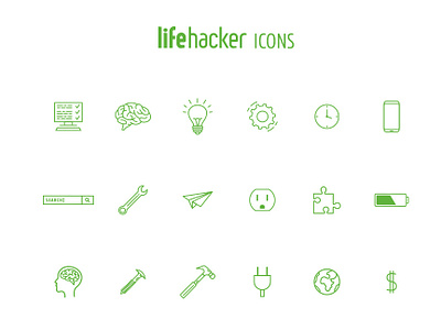 Lifehacker Icons Set brain bulbs computer electricity gears hack iconography icons ideas life lifehacker maintenance outlines save search show thinking time tools world