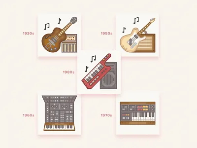 Vintage musical instruments icons / History Geek Set electric guitar fender gibson guitar history geek icons icons set keyboard keytar music musical instruments synthesizer vector yamaha