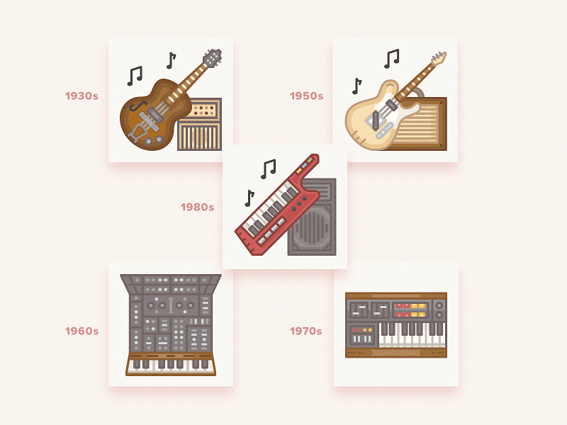 Vintage musical instruments icons / History Geek Set electric guitar fender gibson guitar history geek icons icons set keyboard keytar music musical instruments synthesizer vector yamaha