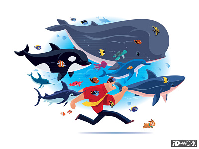 businessman running with sea creatures via VR goggles adobe illustrator art cartoon character character art design digitaldrawing gaming graphic design graphicart graphics illustration illustrator sea creatures vector vector artwork vectorart vectorgraphics vectorillustration virtual reality