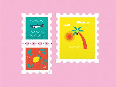 STAMPS beach card exotic fish flat fruits holiday illustration lemon outdoor palm postcard sea stamp stamps sun travel tropical waves