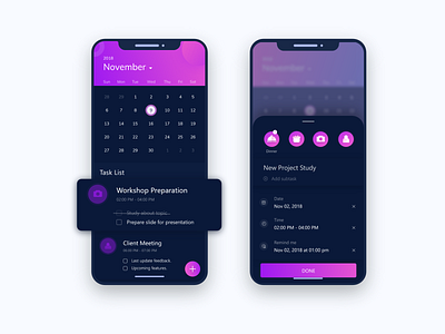 Task manage app concept calender dark design gradient icongraphy input interface ios plan task to do list todo ui