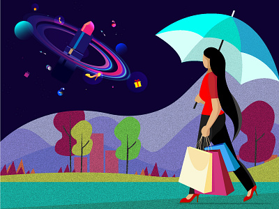 a shopaholic girl colorful debut design drawing girl hello dribbble hello dribble illustration illustrator lipstick makeup nature planets shoes shopping simple space trees umbrella walking