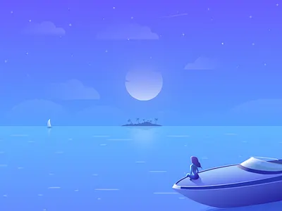Tropical Night boat girl illustration island moonlight night ocean stars tropical vector