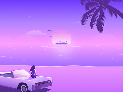 Tropical Sunset beach car classic car girl illustration island oceano sunset tropical vector