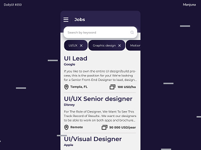 Daily UI #050 - Jobs listing app app concept daily ui daily ui 050 dailyui find freelance interface job job app job application job finding mobile app design mobile app jobs search ui ui app ux work work app