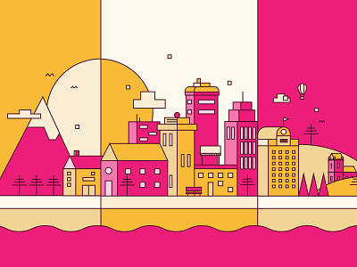 Inner city peace buildings busy city flat hustle illustration line art minimal mountain neighbourhood skyline