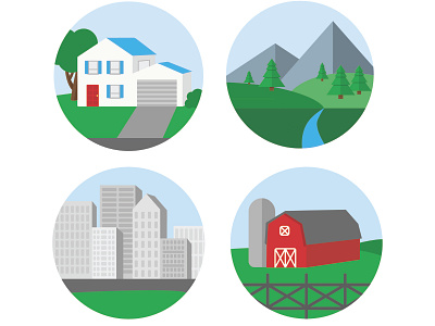 Community Landscapes Illustrations agricultural city communities environments graphic art graphic design illustration landscapes mountain rural suburban urban vector